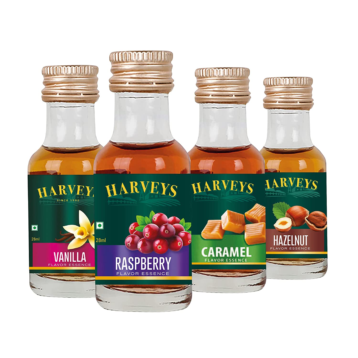 Harveys Flavouring Essence Vanilla, Raspberry, Caramel, Hazelnut Pack of 4(28 ml x 4)